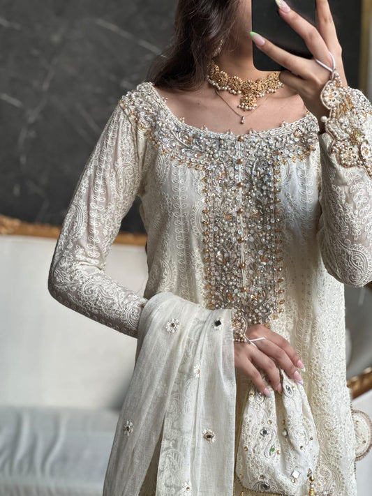 Luxury Ivory Gold Hand-Embellished Formal Net Embroidered Suit with Potli Bag