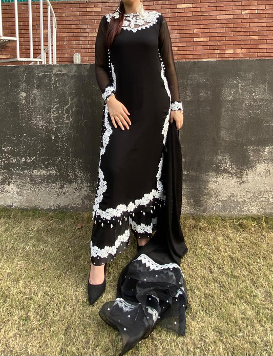 Noir Elegance – Black & White Embroidered Chiffon 3-Piece Formal Suit