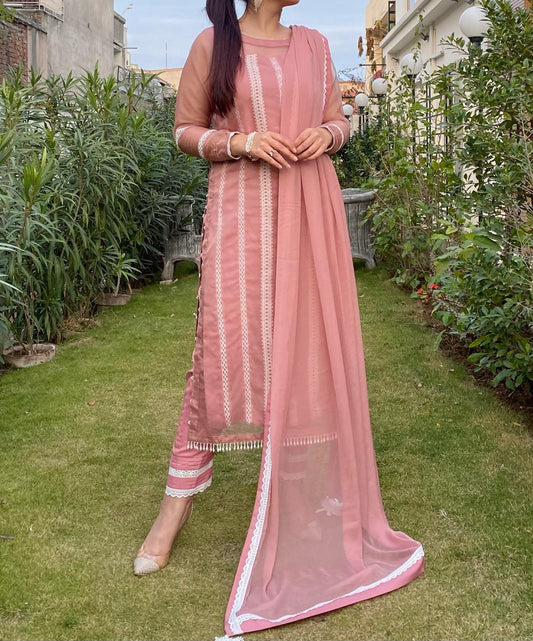 Blush Serenity – Dusty Rose Embroidered Organza 3-Piece Formal Suit