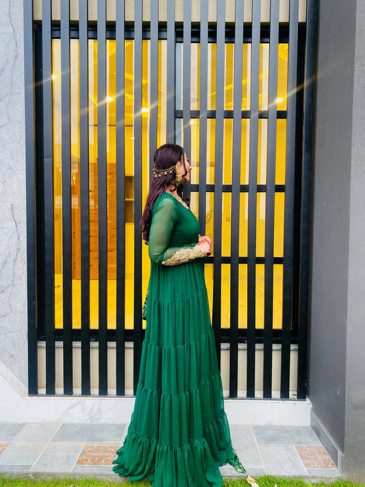 Bottle Green Chiffon Hand-Embellished Frock