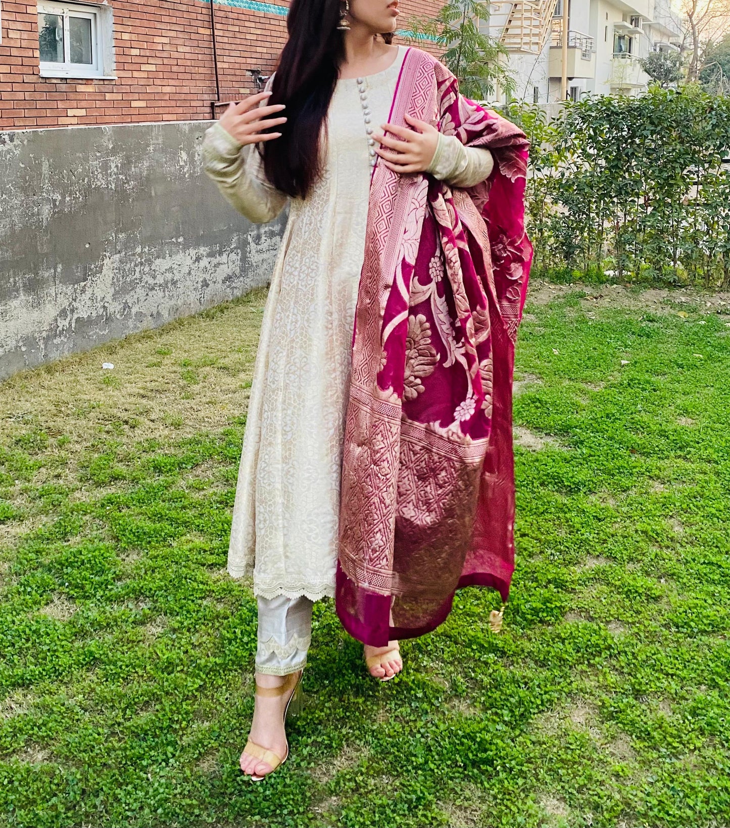 Embroidered Jacquard & Banarasi Dupatta 3-Piece Formal