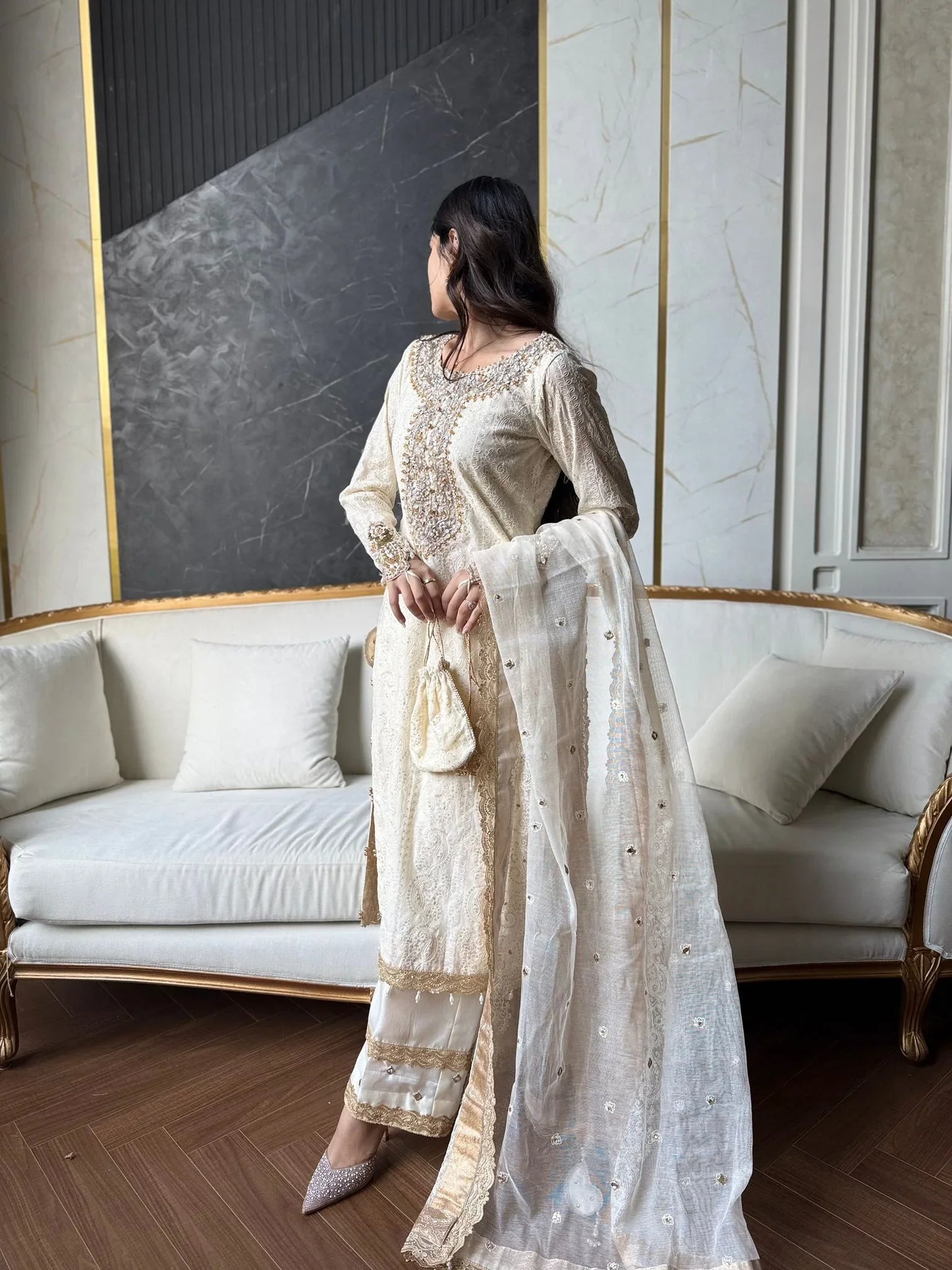 Embroidered Net Suit – Ivory Gold Elegance