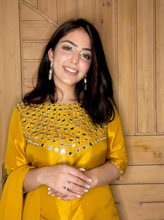 Korean Silk Suit with Chiffon Dupatta & Mirror Embroidery – Mustard Glow