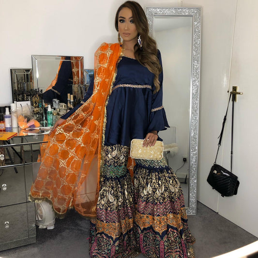 Fully Hand-Embellished Heavy Sharara Set - Navy Blue & Orange Regal Ensemble