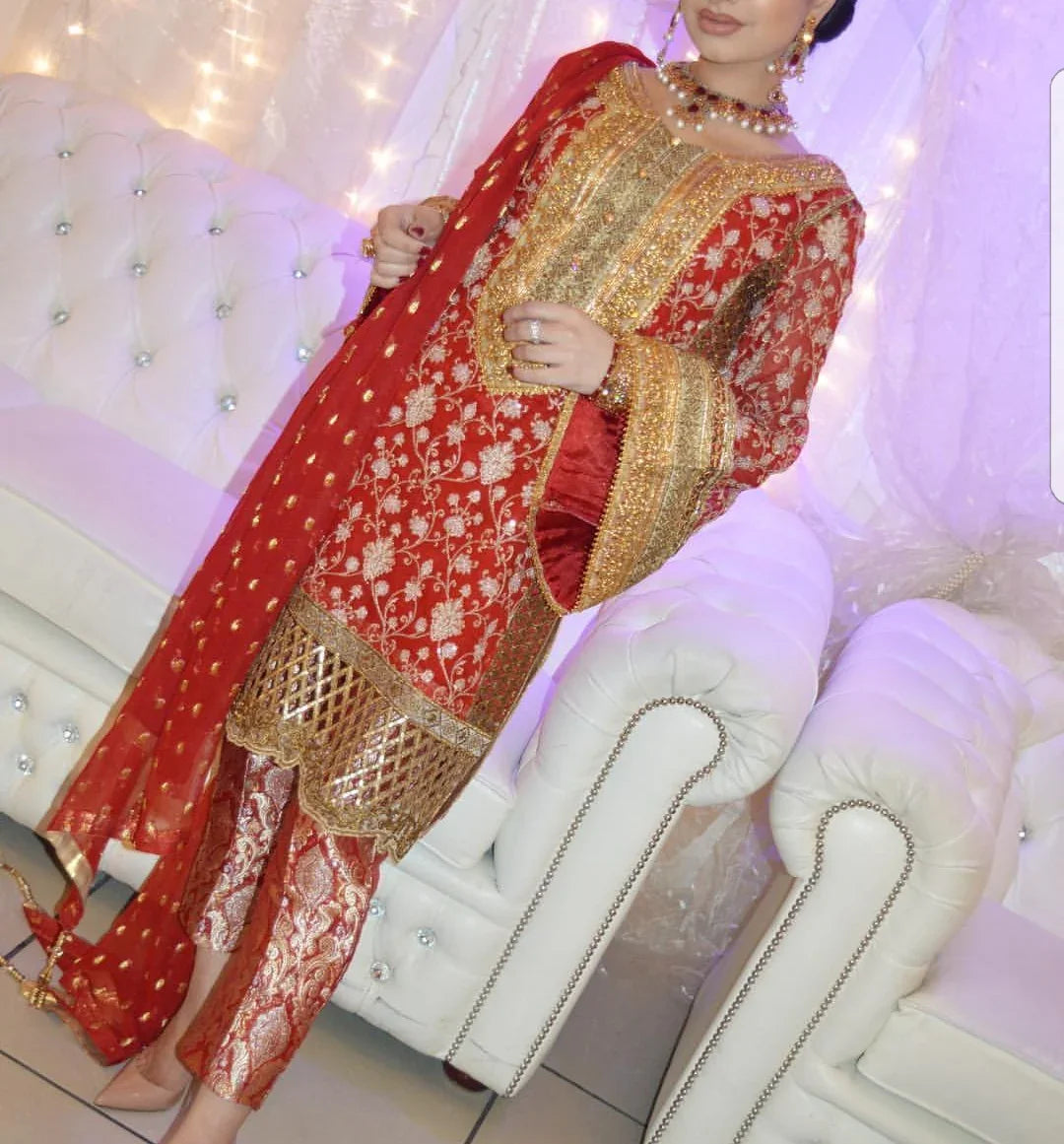 Embroidered Chiffon Suit with Jamawar Trousers & Dupatta Borders – Crimson Gold Luxe