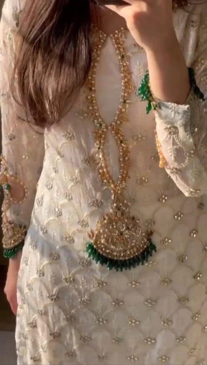 Ivory Chikankari Chiffon Suit with Handwork & Beaded Grip Trouser