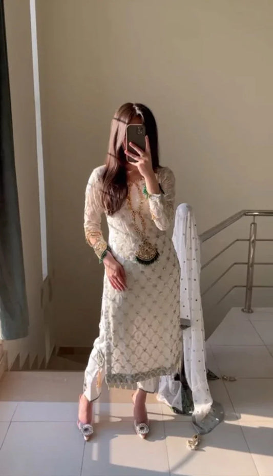 Ivory Chikankari Chiffon Suit with Handwork & Beaded Grip Trouser