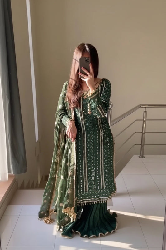 Bottle Green Chikankari Chiffon Suit