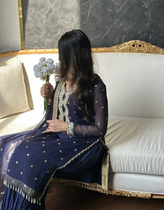 Navy Blue Chiffon Handwork Suit with Crush Sharara & Dupatta