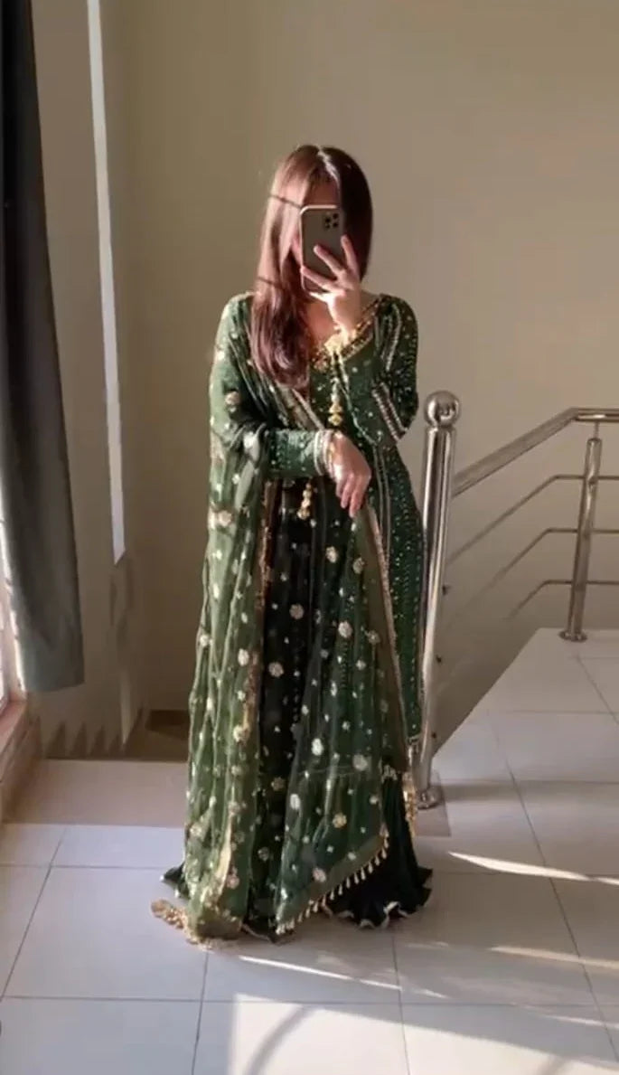 Bottle Green Chikankari Chiffon Suit with Handwork Neck & Crush Sharara