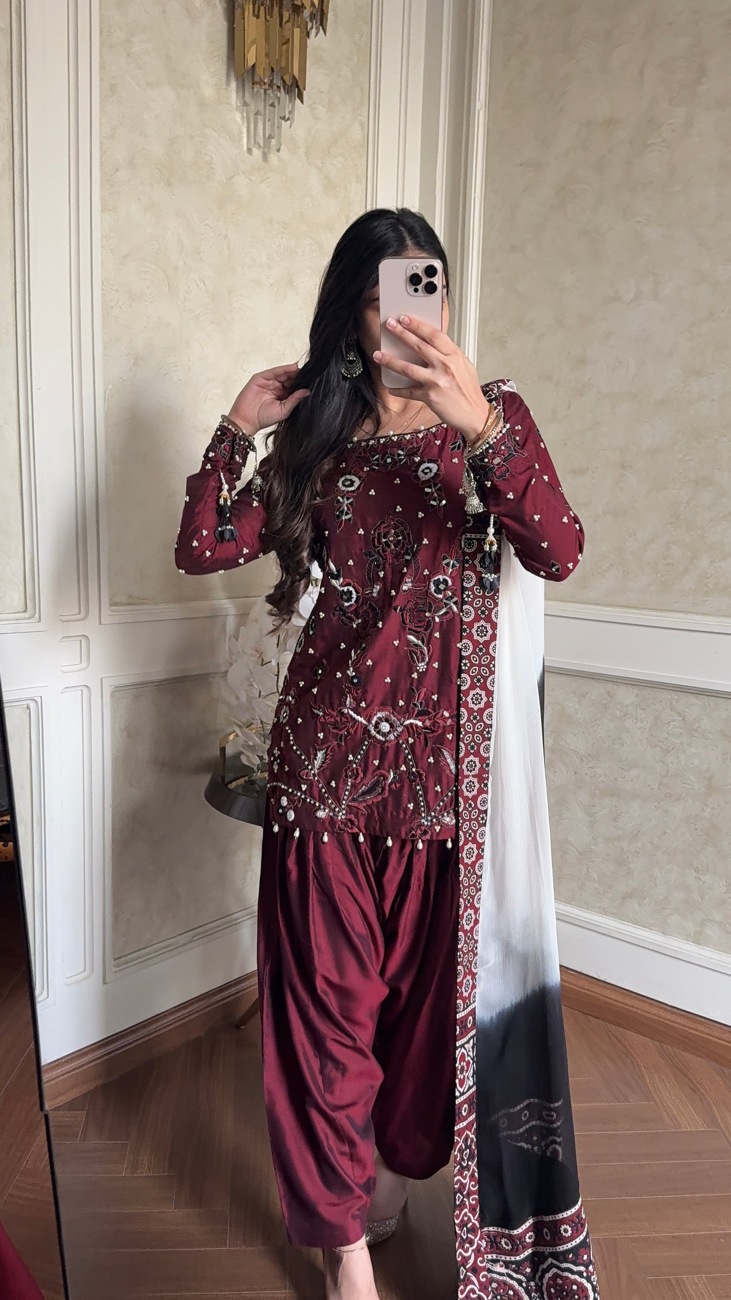 Luxury Ajrak Hand Embellished Chiffon Dress