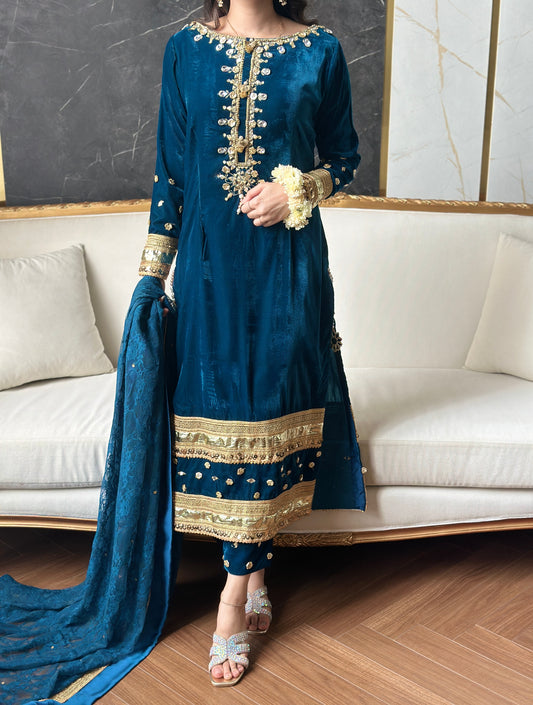 Teal Velvet Traditional Dress 3-Piece