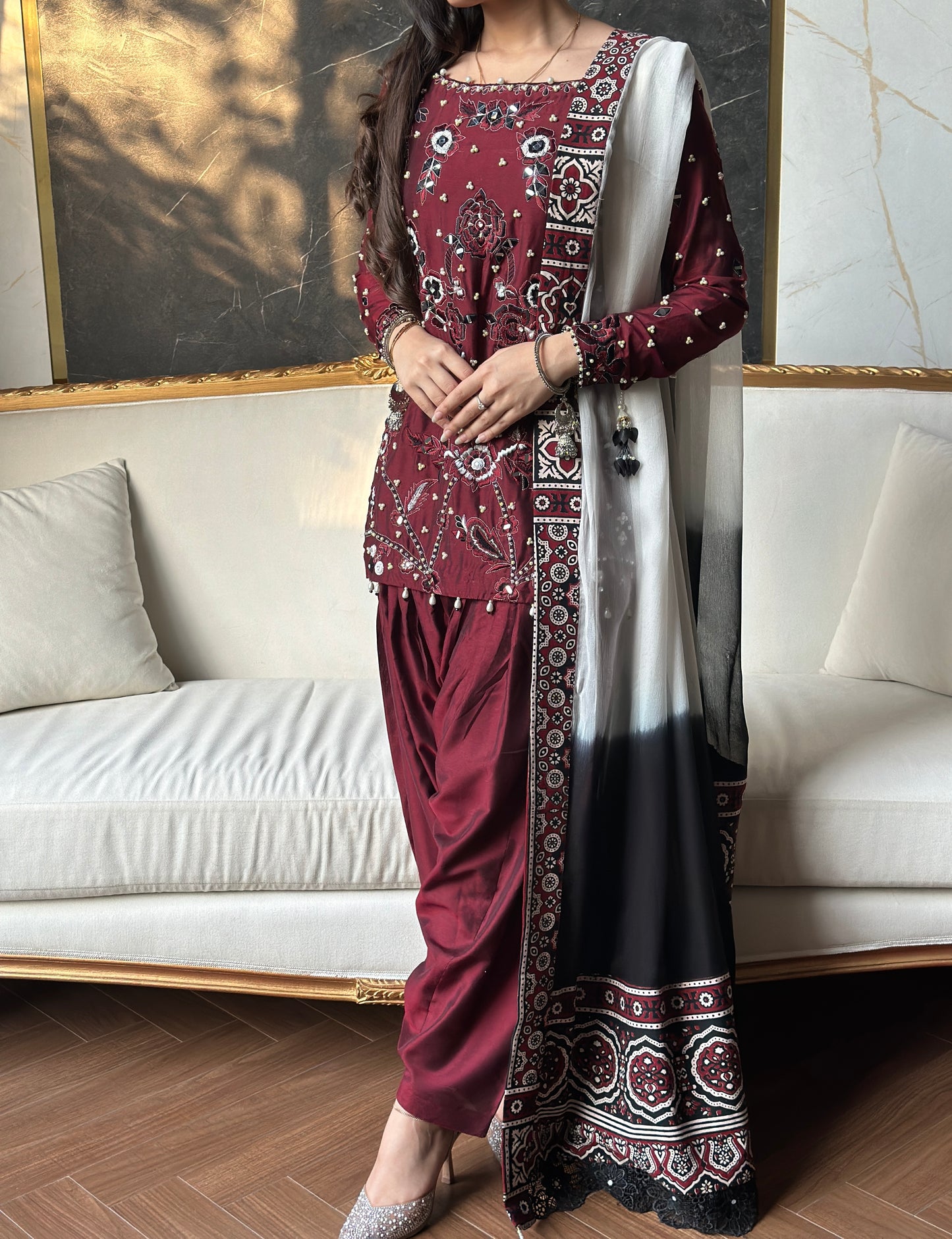 Luxury Ajrak Hand Embellished Chiffon Dress