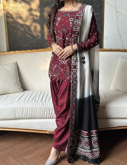 Luxury Ajrak Hand Embellished Khadi Silk Dress