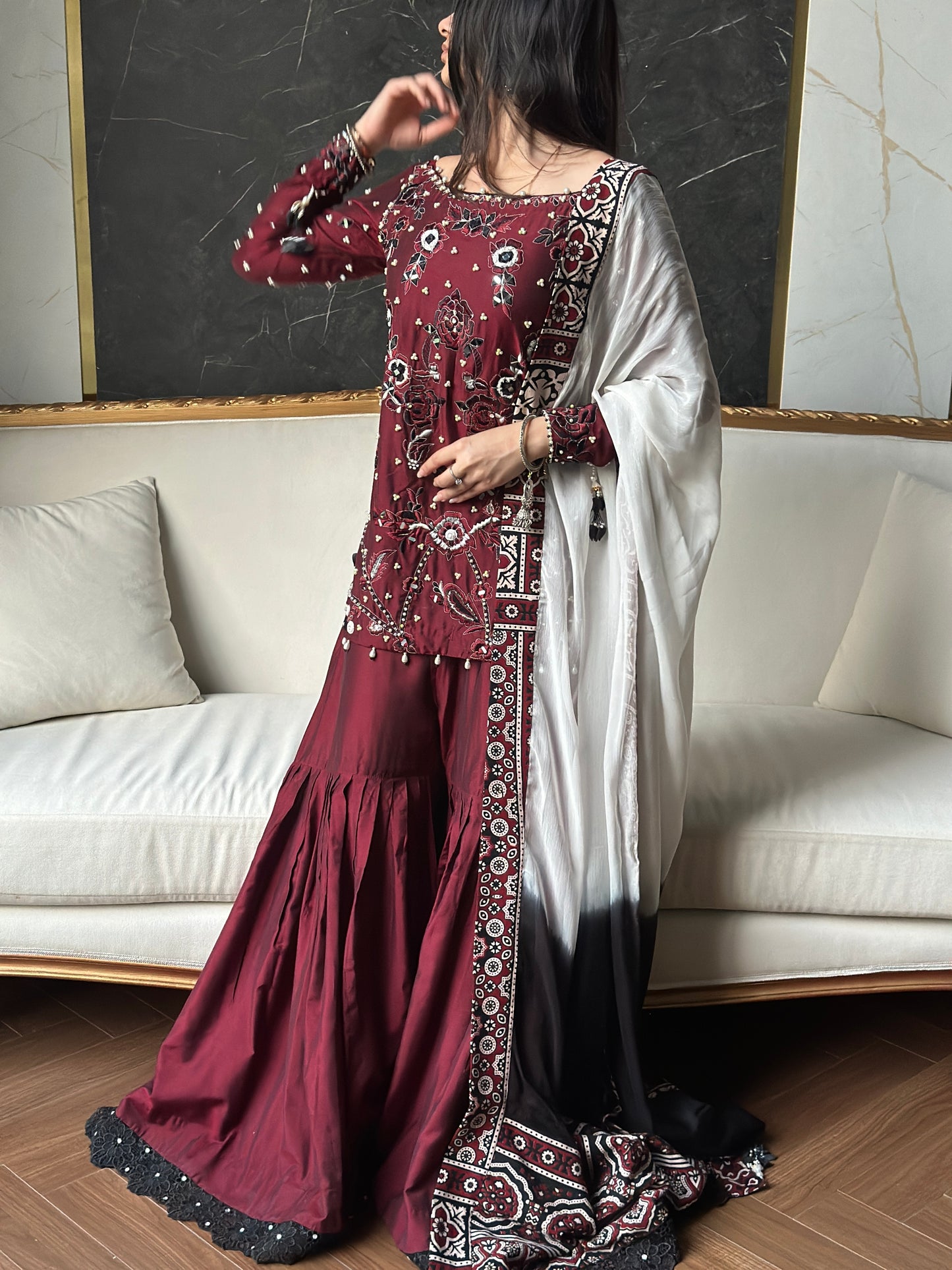 Luxury Ajrak Hand Embellished Chiffon Dress