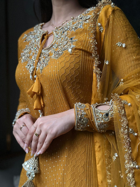 Amber Glow – Hand Embellished Mustard Chiffon Ensemble