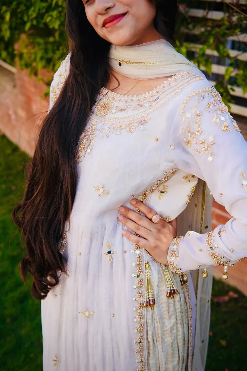 Pearl & Mirror Hand-Embellished Formal Net Long Frock with Pleated Sharara and Dupatta