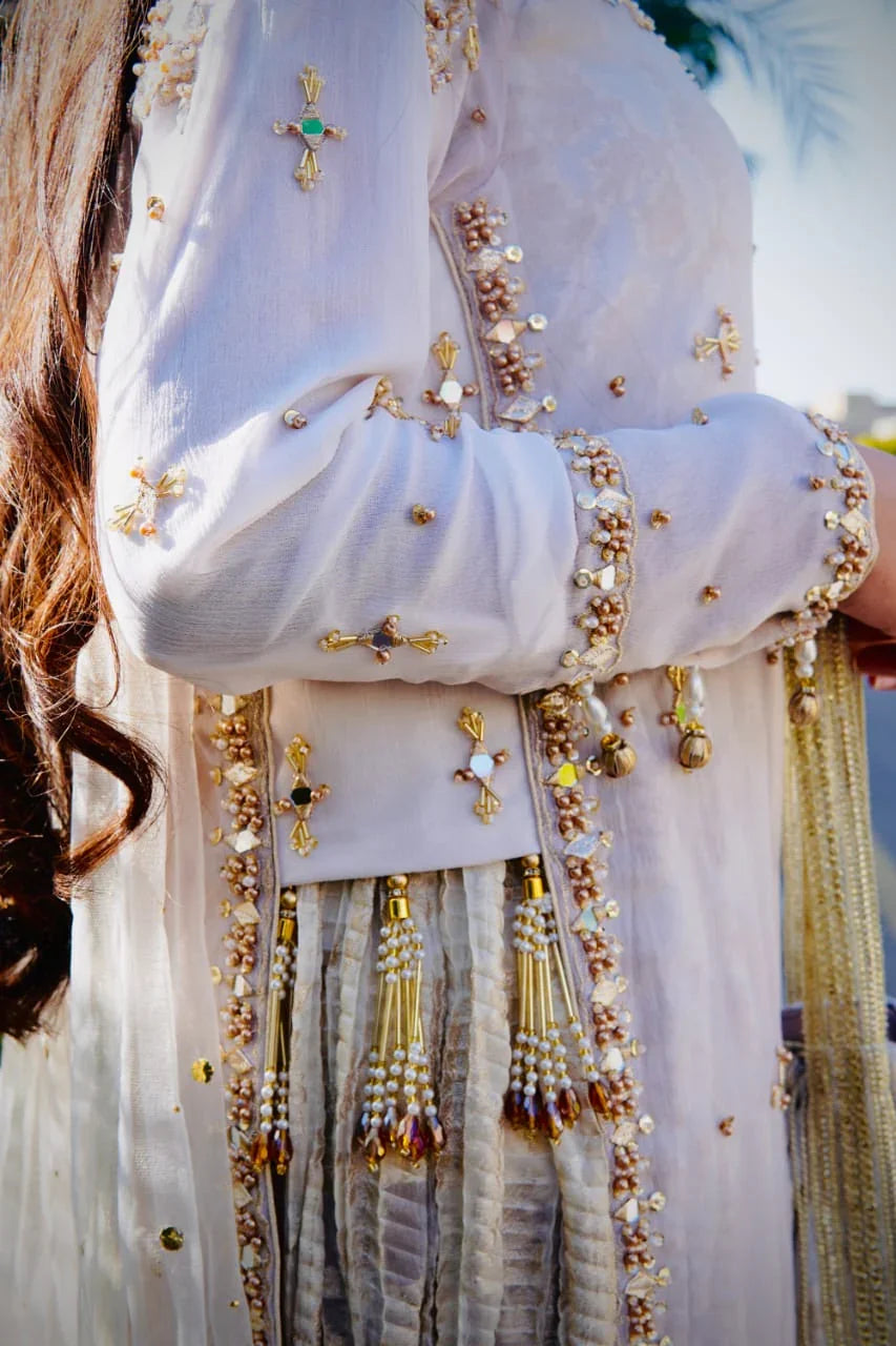 Pearl & Mirror Hand-Embellished Formal Net Long Frock with Pleated Sharara and Dupatta