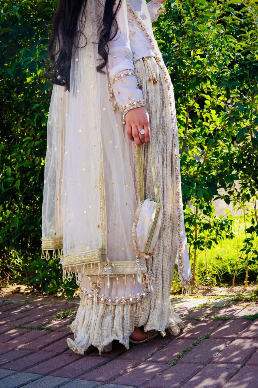 Pearl & Mirror Hand-Embellished Formal Net Long Frock with Pleated Sharara and Dupatta