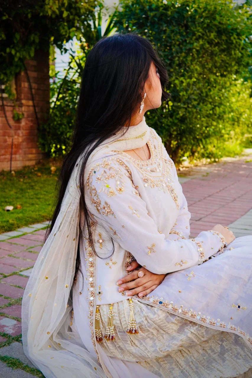 Pearl & Mirror Hand-Embellished Formal Net Long Frock with Pleated Sharara and Dupatta