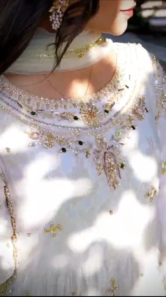 Pearl & Mirror Hand-Embellished Formal Net Long Frock with Pleated Sharara and Dupatta