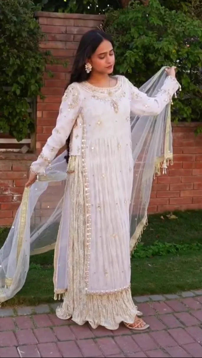 Pearl & Mirror Hand-Embellished Formal Net Long Frock with Pleated Sharara and Dupatta
