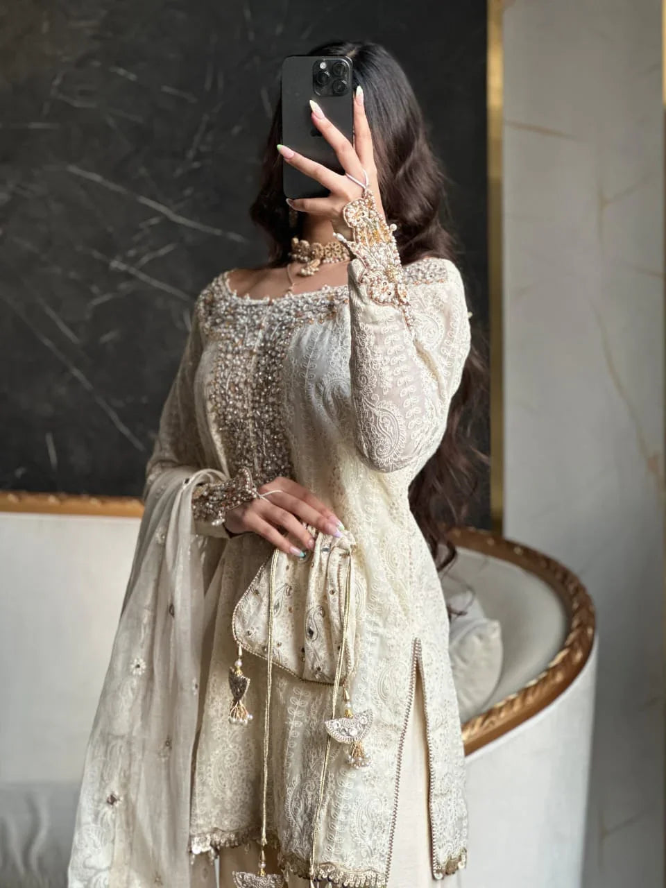 Luxury Ivory Gold Hand-Embellished Formal Net Embroidered Suit with Potli Bag