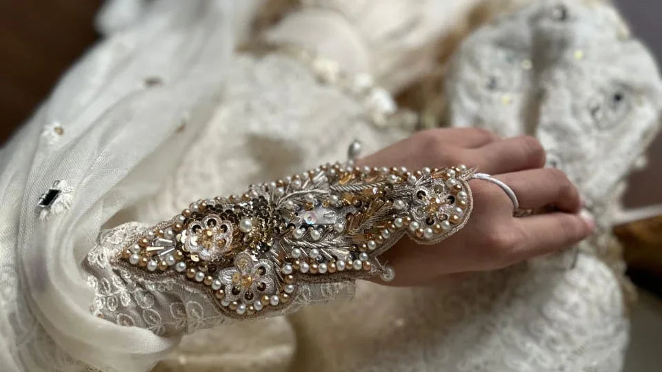 Luxury Ivory Gold Hand-Embellished Formal Net Embroidered Suit with Potli Bag