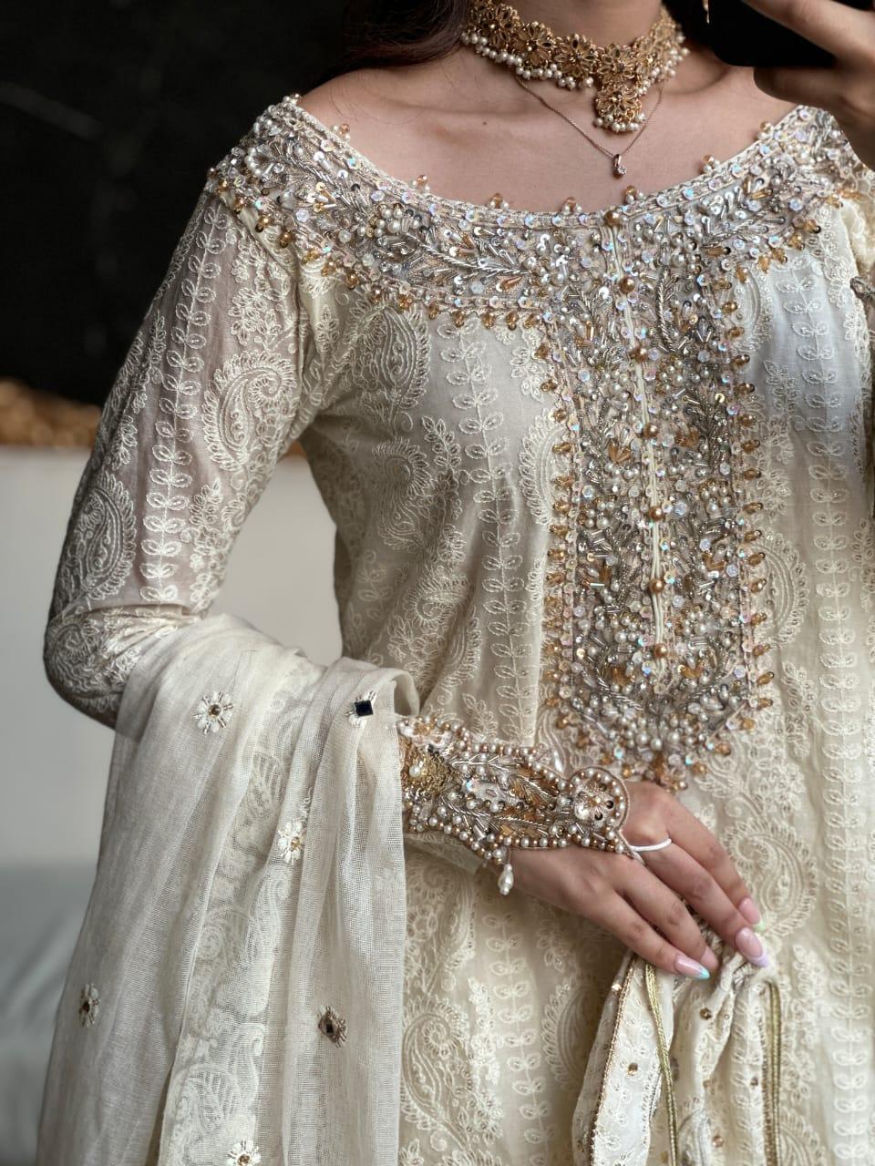 Luxury Ivory Gold Hand-Embellished Formal Net Embroidered Suit with Potli Bag