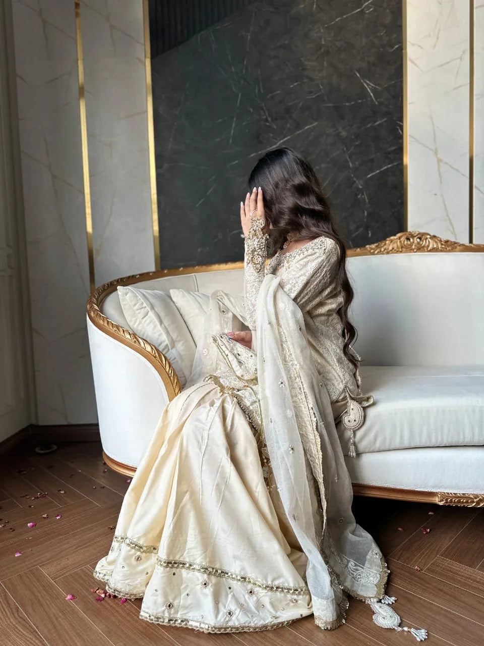 Luxury Ivory Gold Hand-Embellished Formal Net Embroidered Suit with Potli Bag