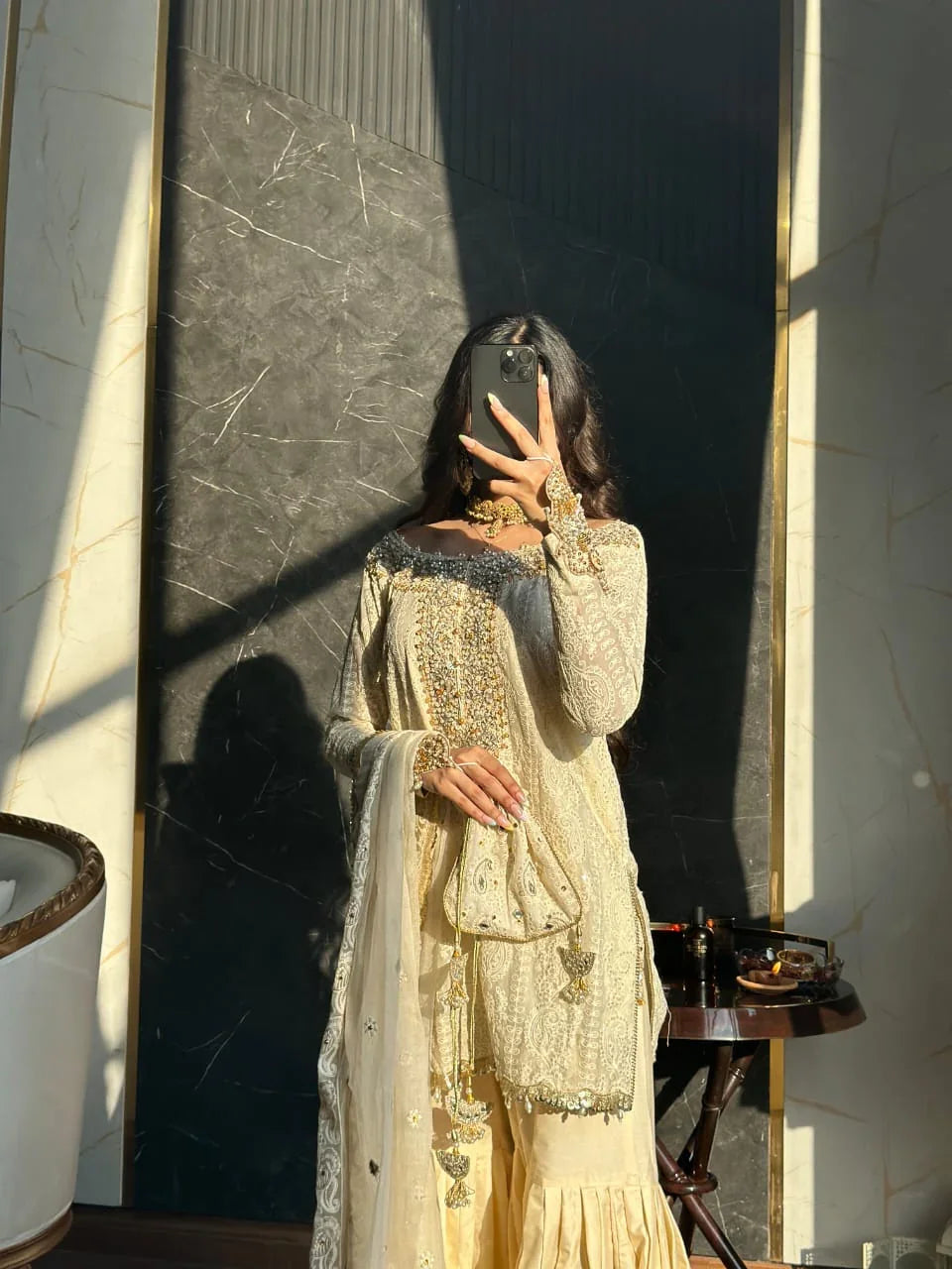 Luxury Ivory Gold Hand-Embellished Formal Net Embroidered Suit with Potli Bag