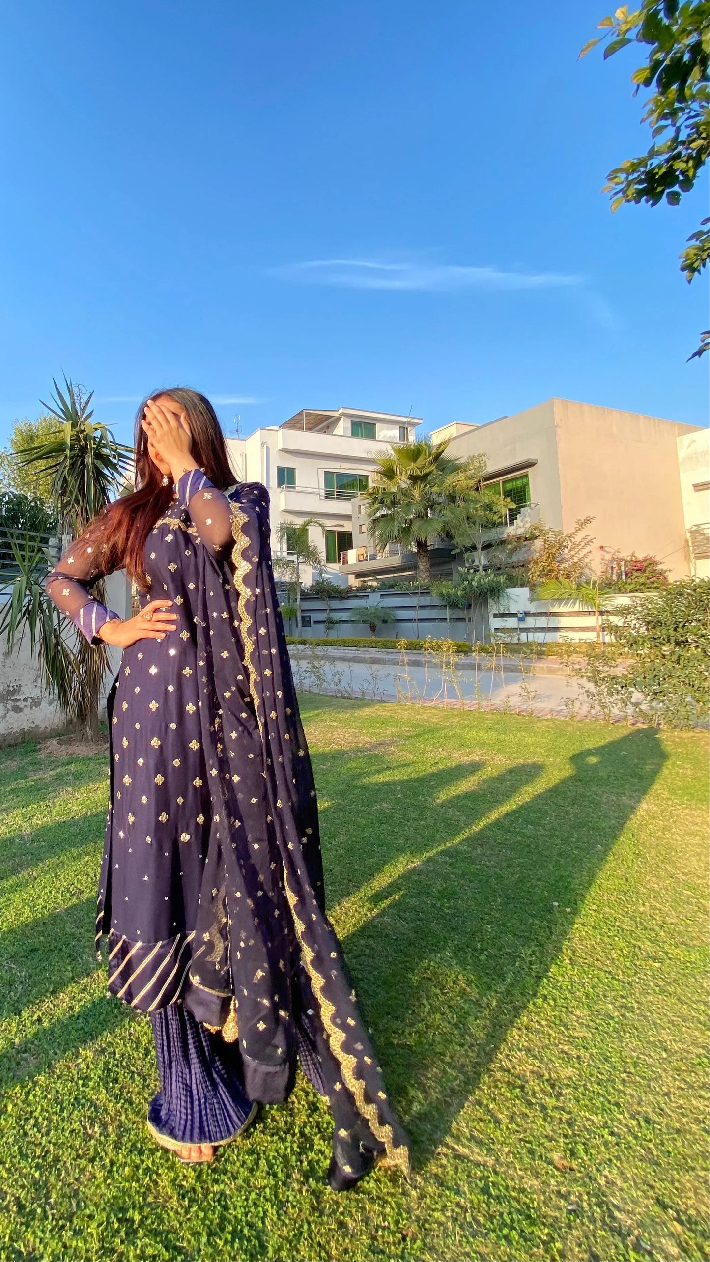 Midnight Radiance – Navy Blue Gold Embroidered Chiffon 3-Piece Formal Suit