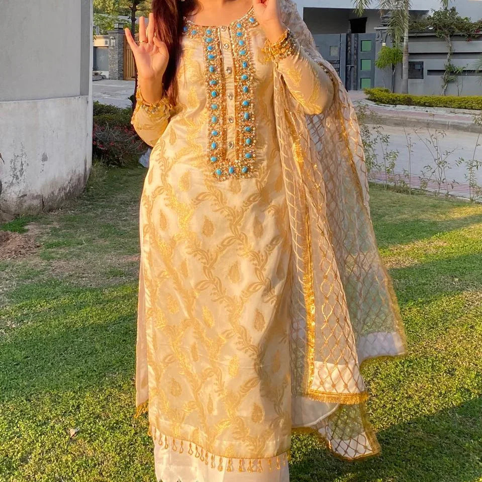 Golden Aura – Ivory & Gold Embroidered Jacquard 3-Piece Festive Suit
