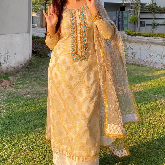 Golden Aura – Ivory & Gold Embroidered Jacquard 3-Piece Festive Suit