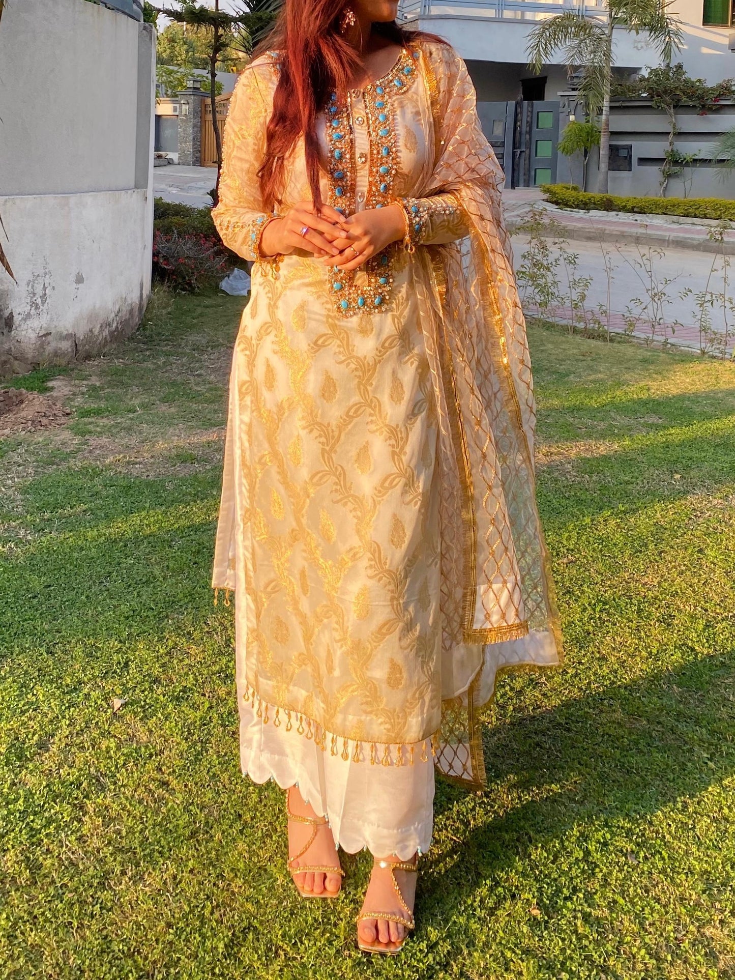 Golden Aura – Ivory & Gold Embroidered Jacquard 3-Piece Festive Suit