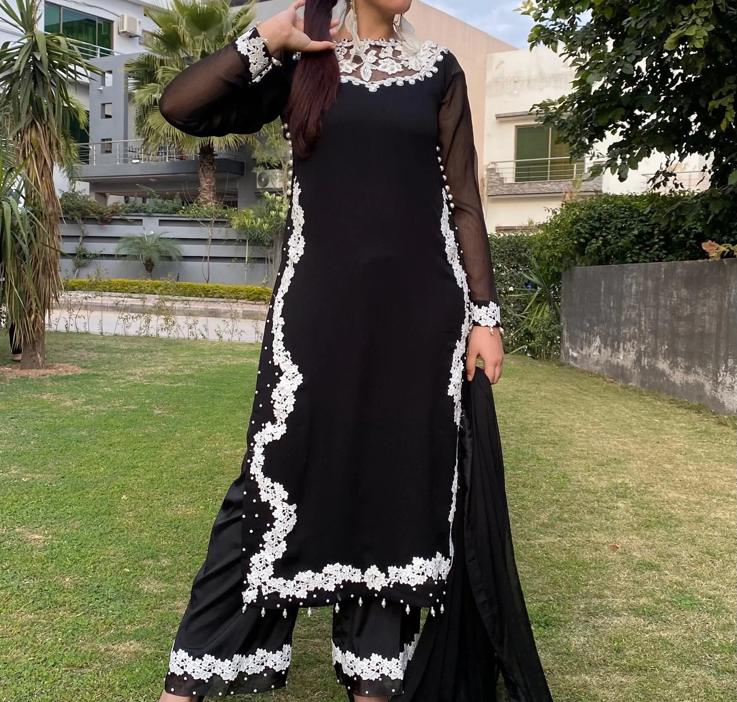 Noir Elegance – Black & White Embroidered Chiffon 3-Piece Formal Suit