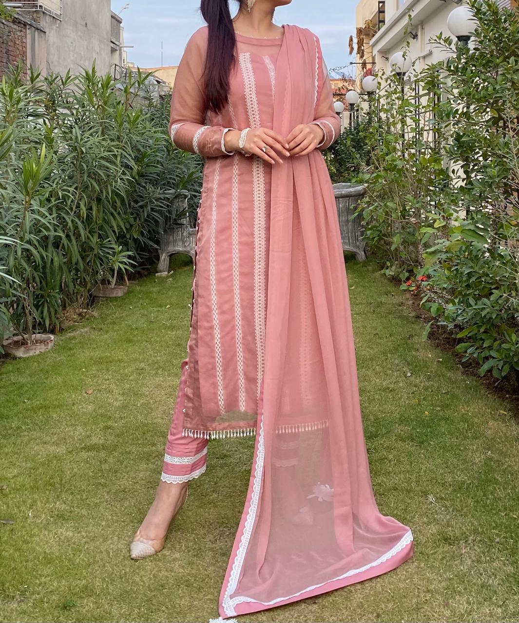 Blush Serenity – Dusty Rose Embroidered Organza 3-Piece Formal Suit