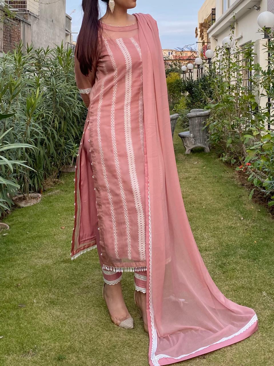 Blush Serenity – Dusty Rose Embroidered Organza 3-Piece Formal Suit