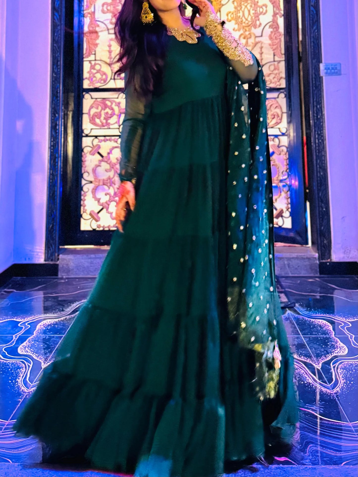 Bottle Green Chiffon Hand-Embellished Frock