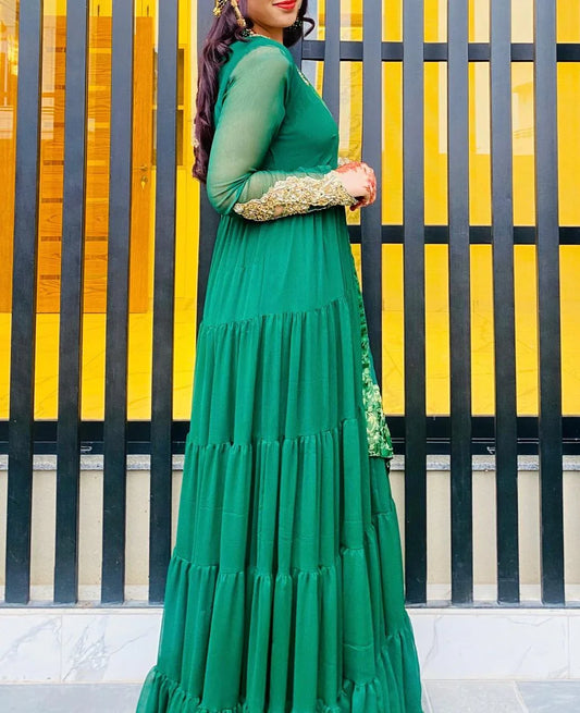 Bottle Green Chiffon Hand-Embellished Frock