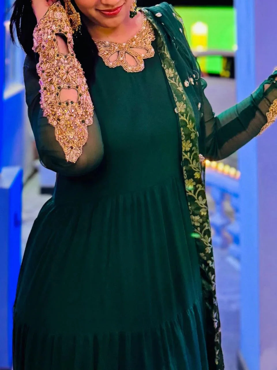 Bottle Green Chiffon Hand-Embellished Frock