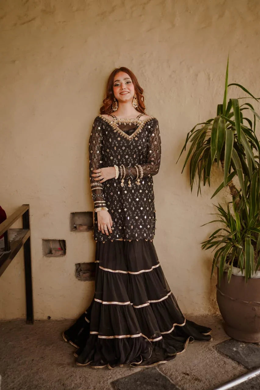 Embroidered Net Chiffon Gharara Set