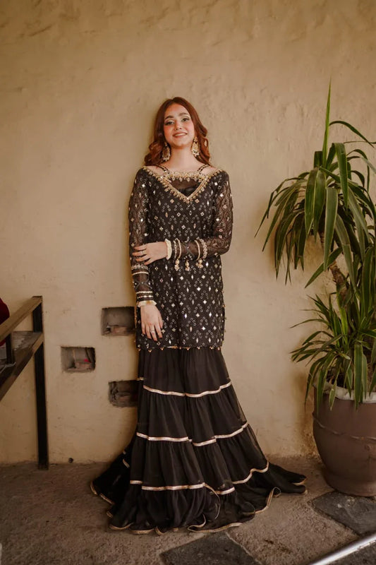 Embroidered Net Chiffon Gharara Set