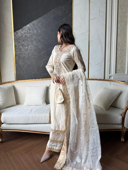 Embroidered Net Suit – Ivory Gold Elegance