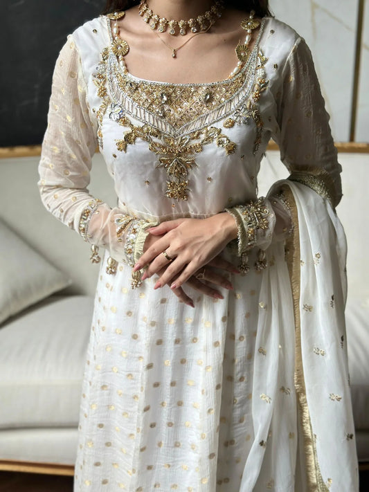 Jamawar Chiffon Handwork – Ivory Gold Luxe