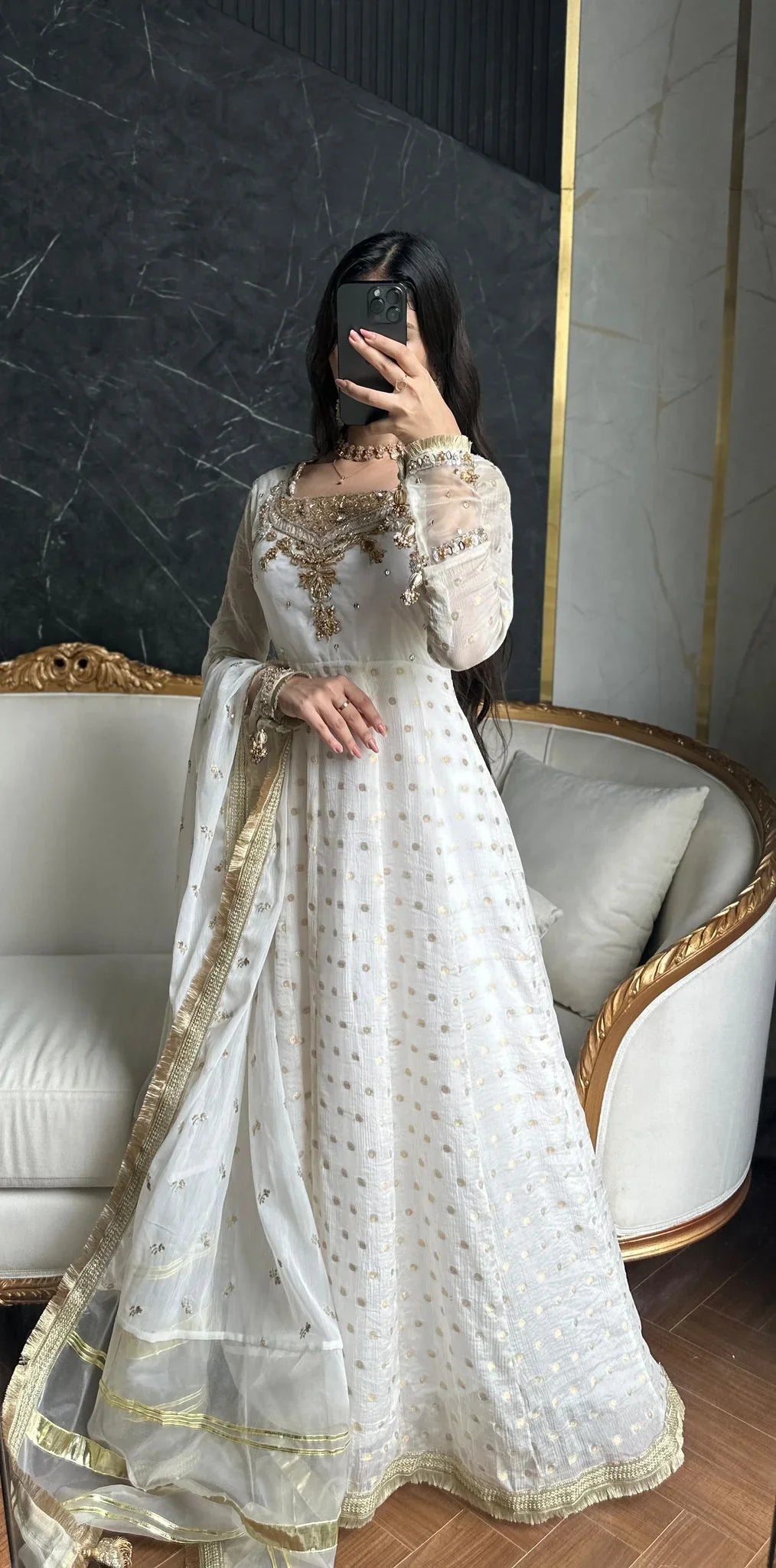 Jamawar Chiffon Handwork – Ivory Gold Luxe