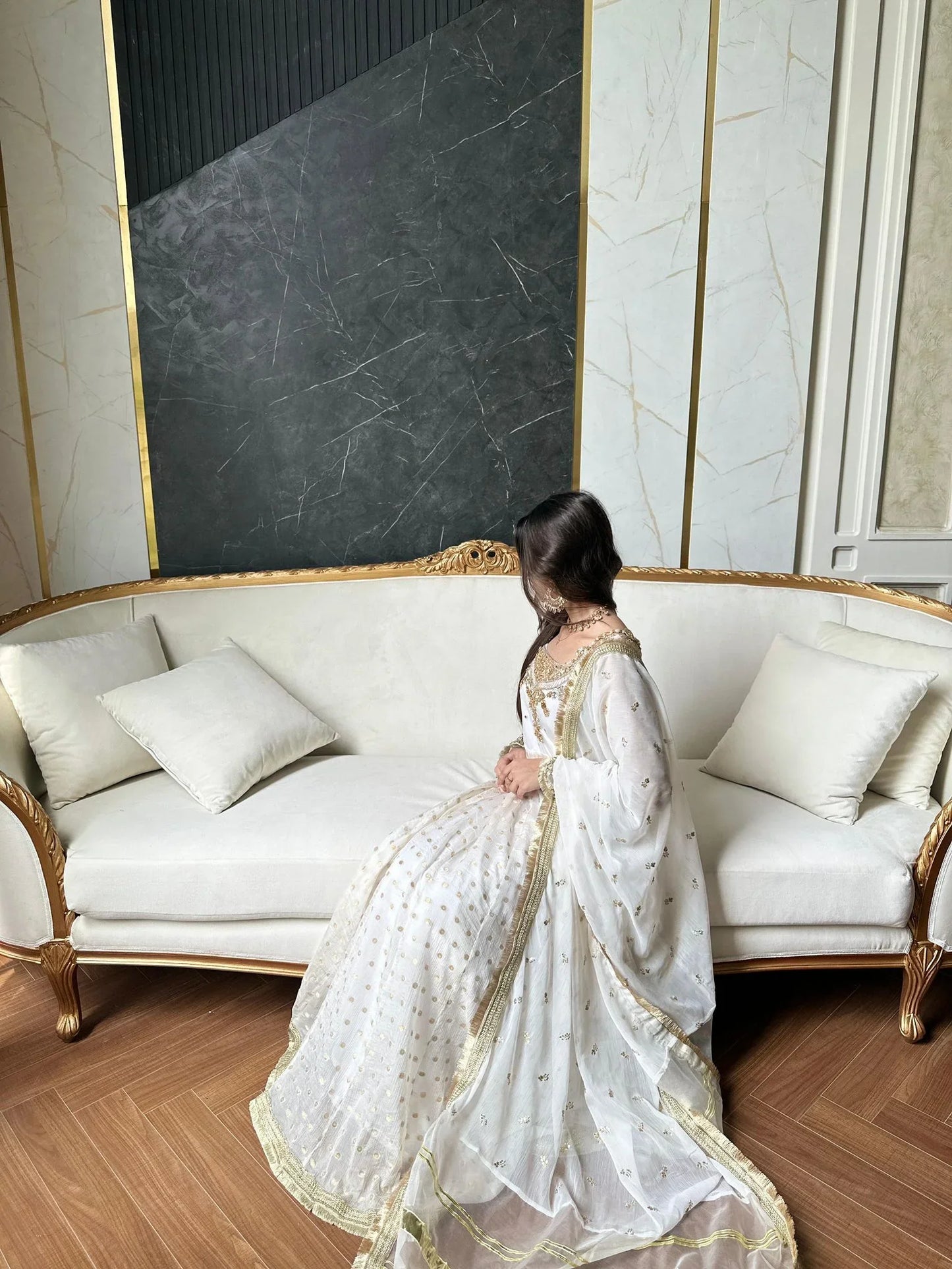 Jamawar Chiffon Handwork – Ivory Gold Luxe