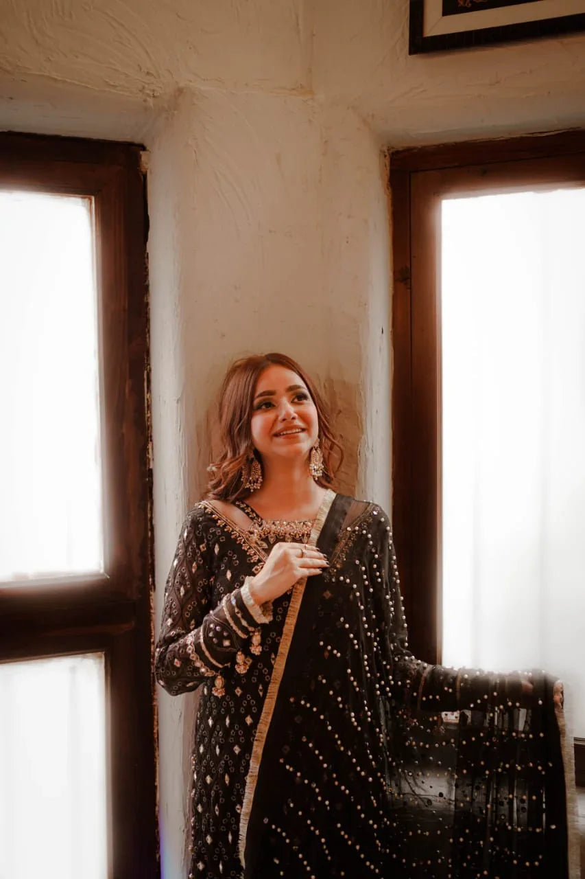 Embroidered Net Chiffon Gharara Set