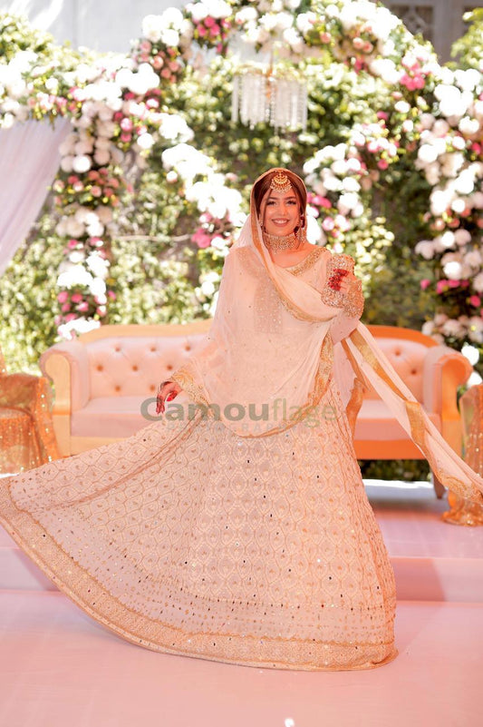 Chikankari Chiffon Hand-Embroidered Anarkali – Ivory Gold Elegance