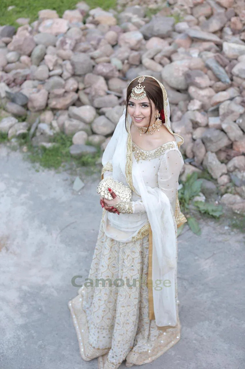 Chikankari Chiffon Hand-Embroidered Anarkali – Ivory Gold Elegance